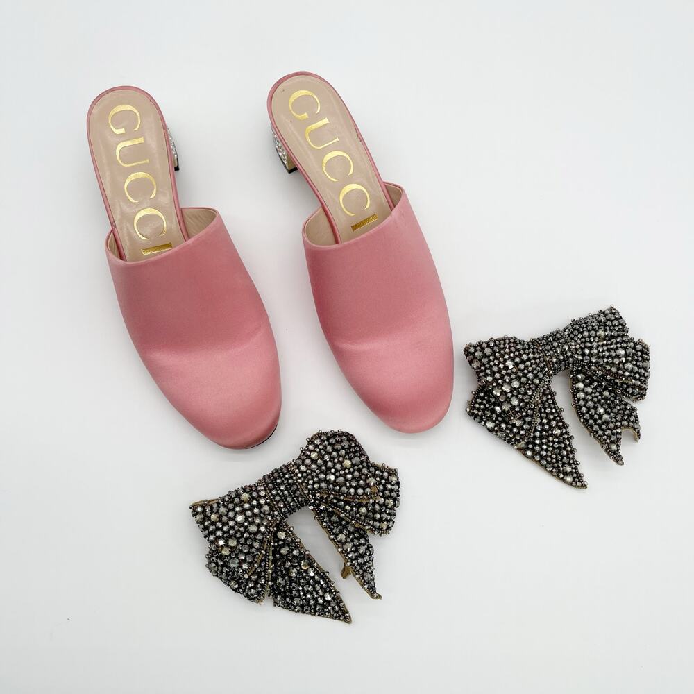 Gucci Candy Pink Silk Removable Crystal Embellished Bow Block Heel Mules EU 37 - Picture 6 of 16